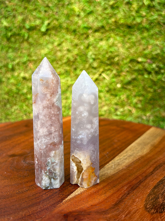 Pink Amethyst and Flower Agate Towers